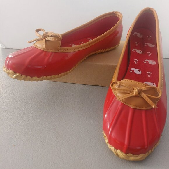 LONDON FOG Red Rubber Rain Shoes Slip On Flats Loafers Women 9 EUC Webster - Picture 2 of 14